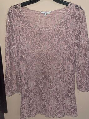 BKE Womens Sheer Lace Overlay 3/4 Sleeve Top - Dusty Rose Sz M